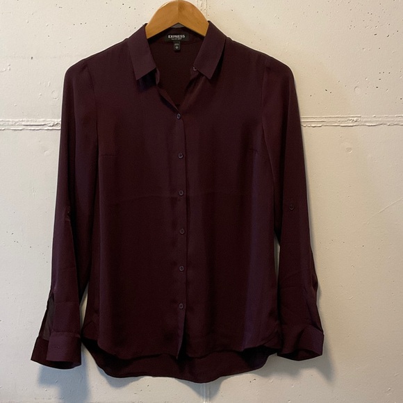 Express Deep Burgundy Sheer Button-up Shirt - Picture 1 of 5